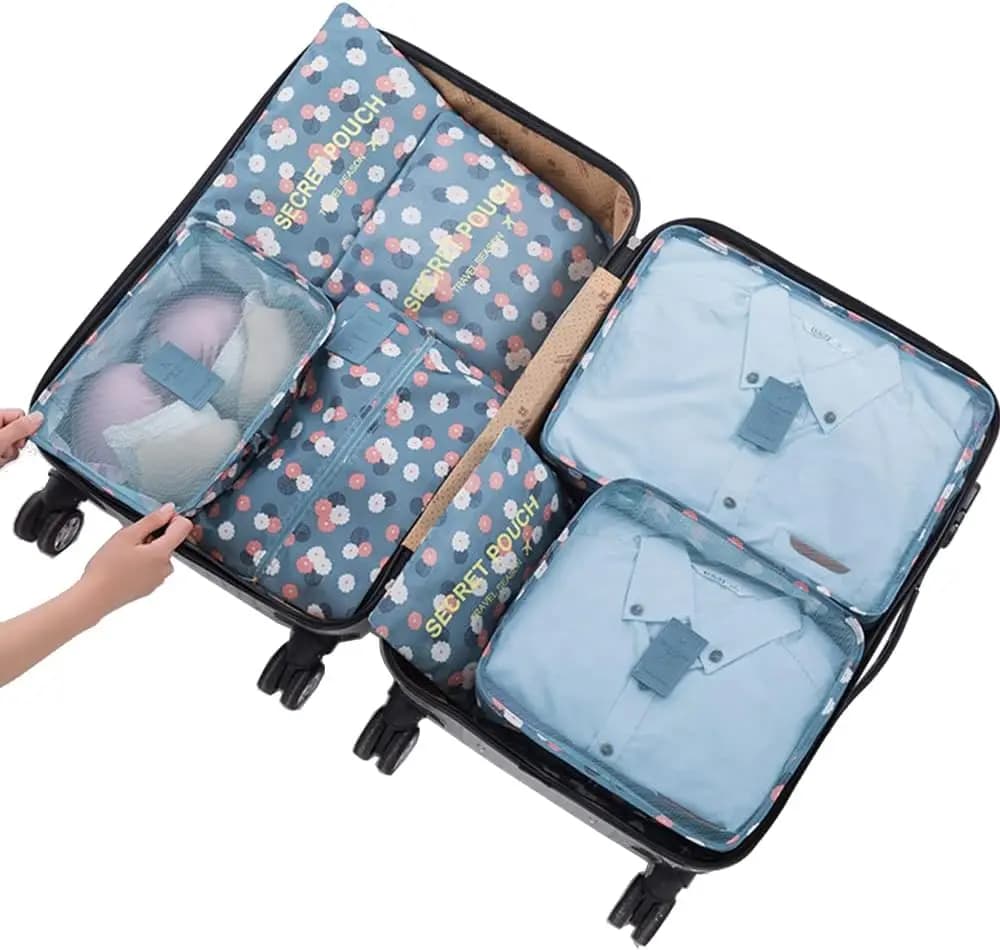 Set di 7 Cubi Organizzatori da Viaggio - Design Floreale Blu per Valigie e Bagagli