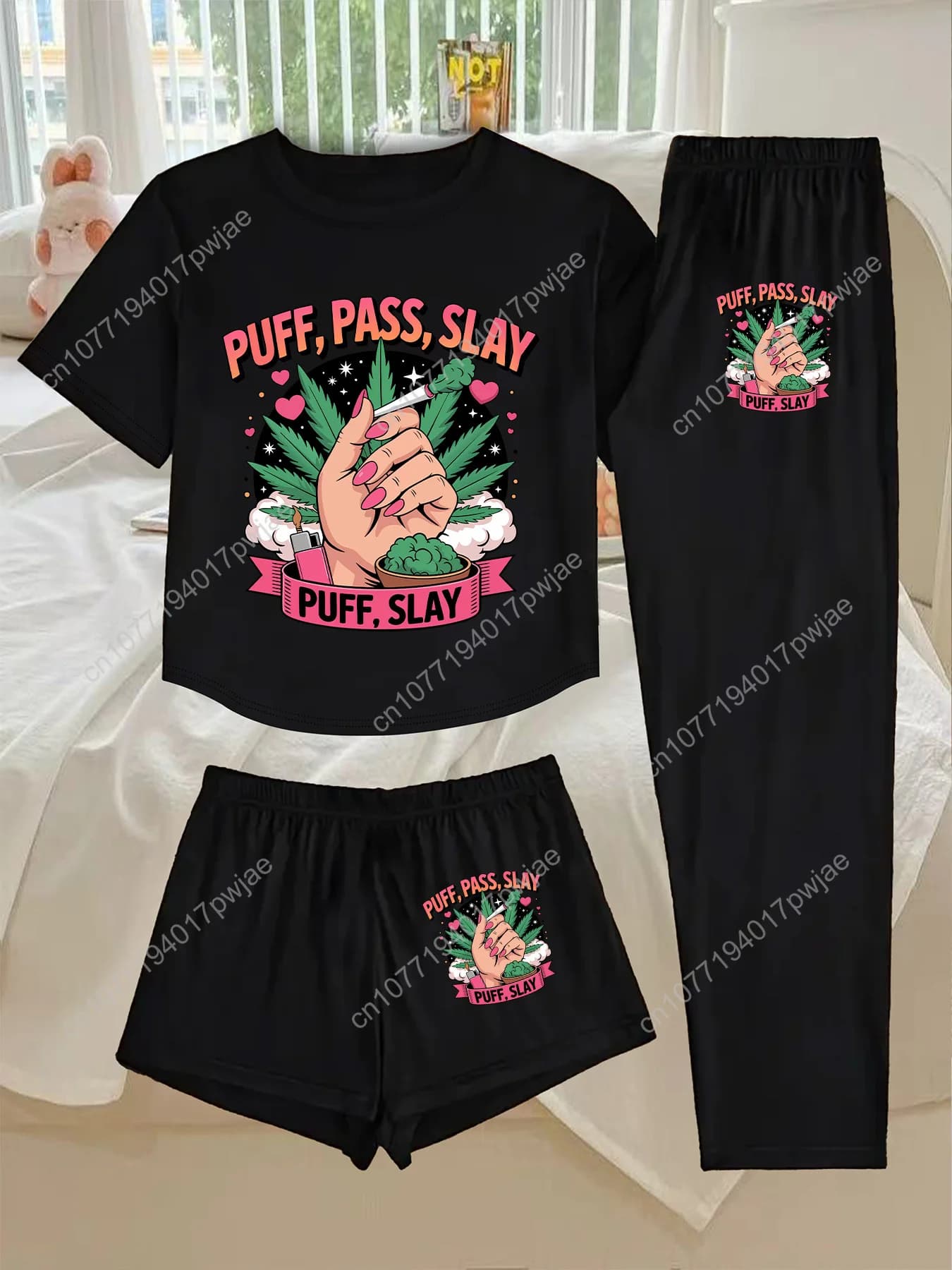Set pigiama da donna con stampa di foglie e carta rotolante da 3 pezzi, indumenti da notte con design a sbuffo, passaggio e presa, set da salotto al 100% con notte di foglie abbinate