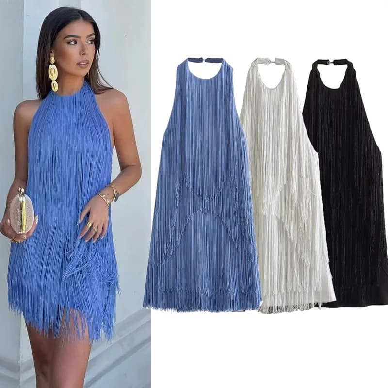 Fashionable Summer Short Skirt Dress Tassel Hanging Neck Sleeveless Cross-Border High Waist A-Line Dress Casual Style