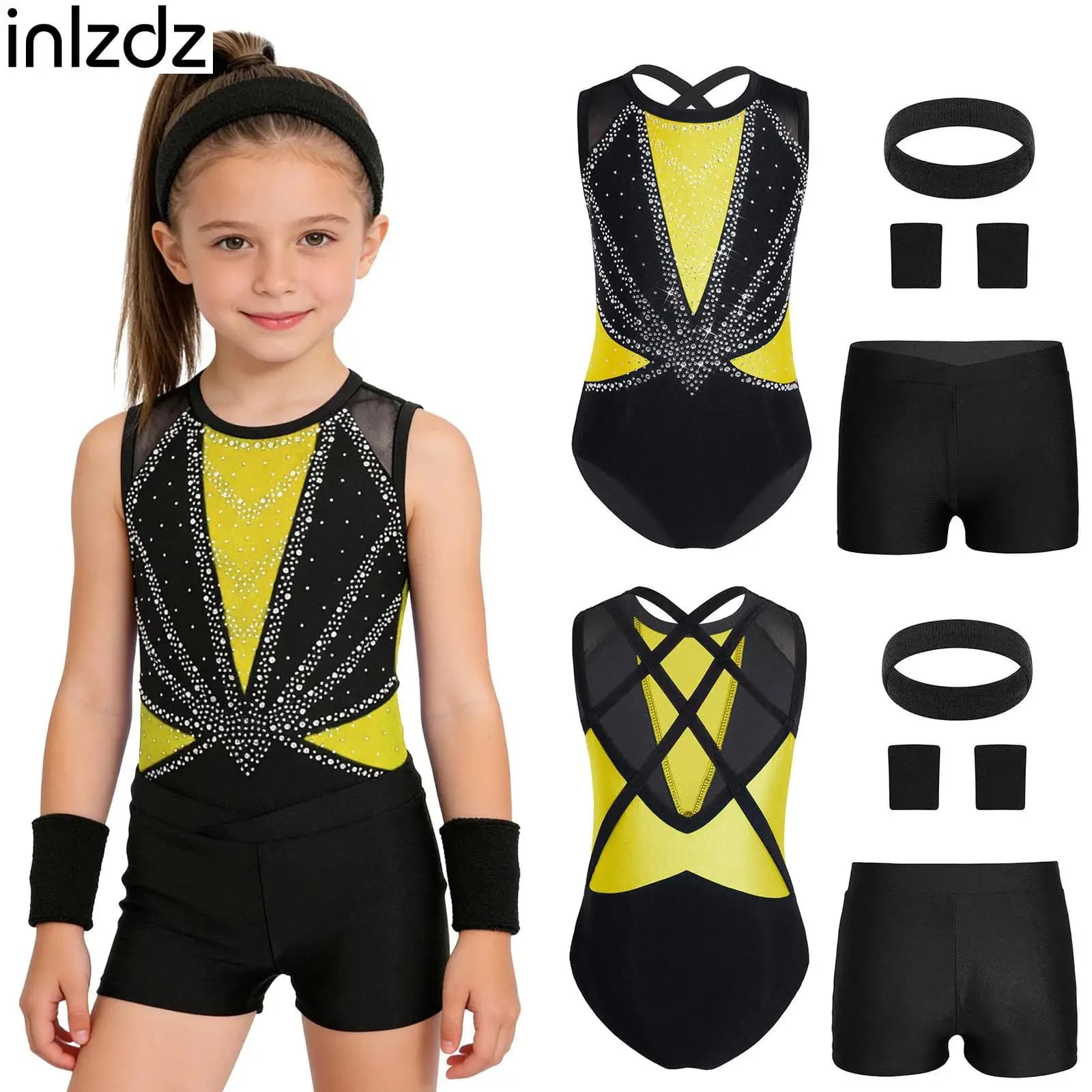 Completo per Pattinaggio Artistico e Danza su Ghiaccio per Bambine, Abbigliamento da Balletto Senza Maniche, Set con Body, Pantaloncini e Accessori per Allenamento e Spettacoli