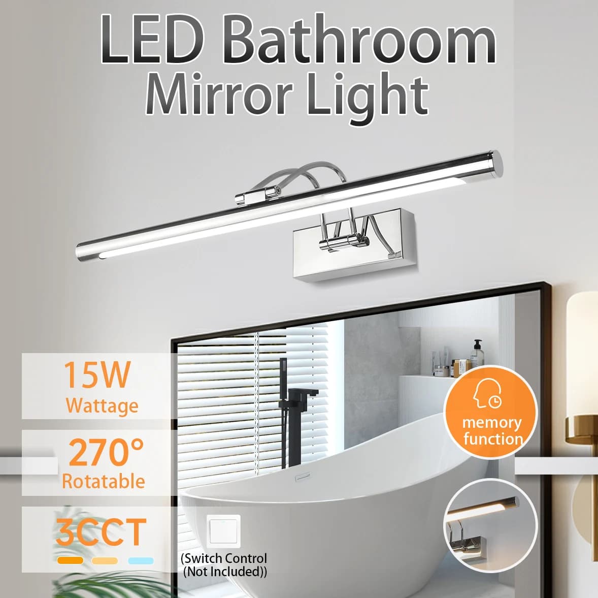 Adjustable Tricolor Mirror Lights with Memory 85-265V, LED Mirror Downlights, Bathroom Makeup Lamp and Bedroom