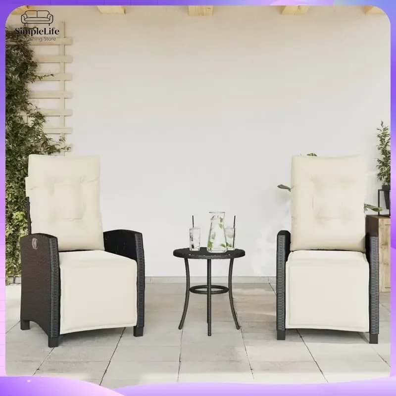 Black Cane Lounge Chair with Ottoman Cream Cushions Outdoor Garden Furniture Modern Design Patio Lounge Chair Wicker Chair