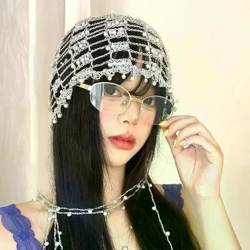 Trendy Handmade Chain Beaded Design Hollow Pullover Hats For Women Summer Autumn Personality Versatile Retro Punk Niche Beanies