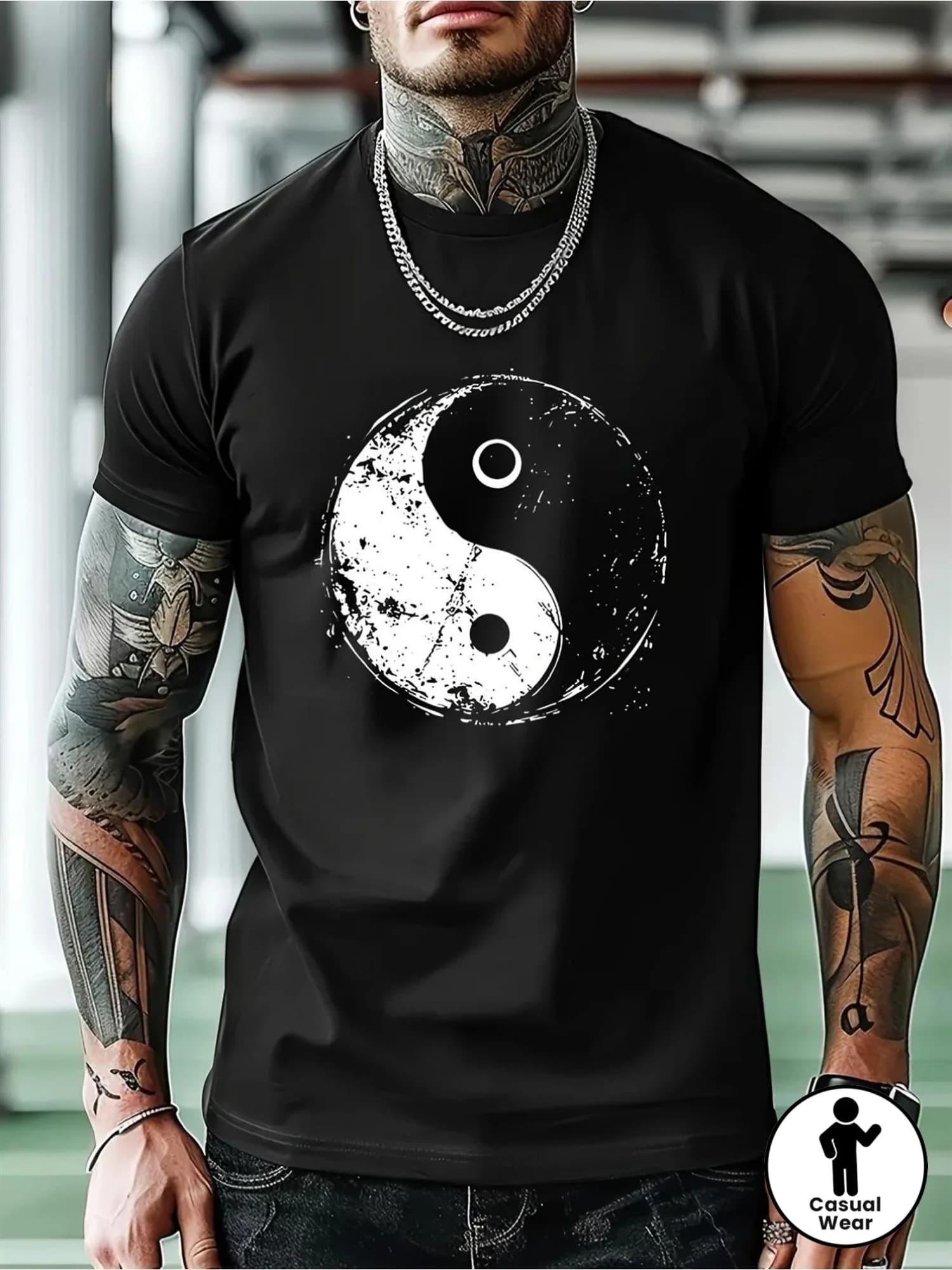 Men's Yin Yang Pattern T-Shirt - Black base with white design, short sleeves, crew neck, machine washable, casual style, perfect gift for a friend, everyday T-shirt with Yin Yang pattern, comfortable fit
