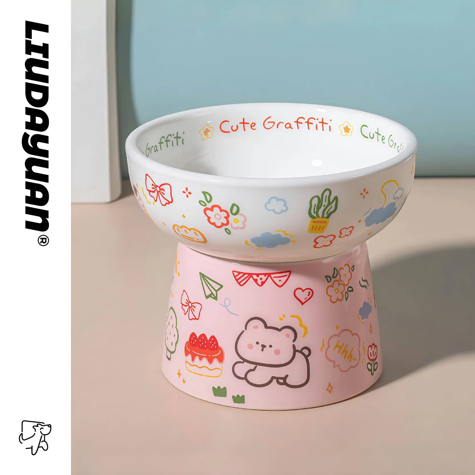 Elevated Ceramic Cat Bowl Cute Cartoon Graffiti Design Pet Food Water Feeder with Neck Protection Anti-Tip for Kitten Small Dog