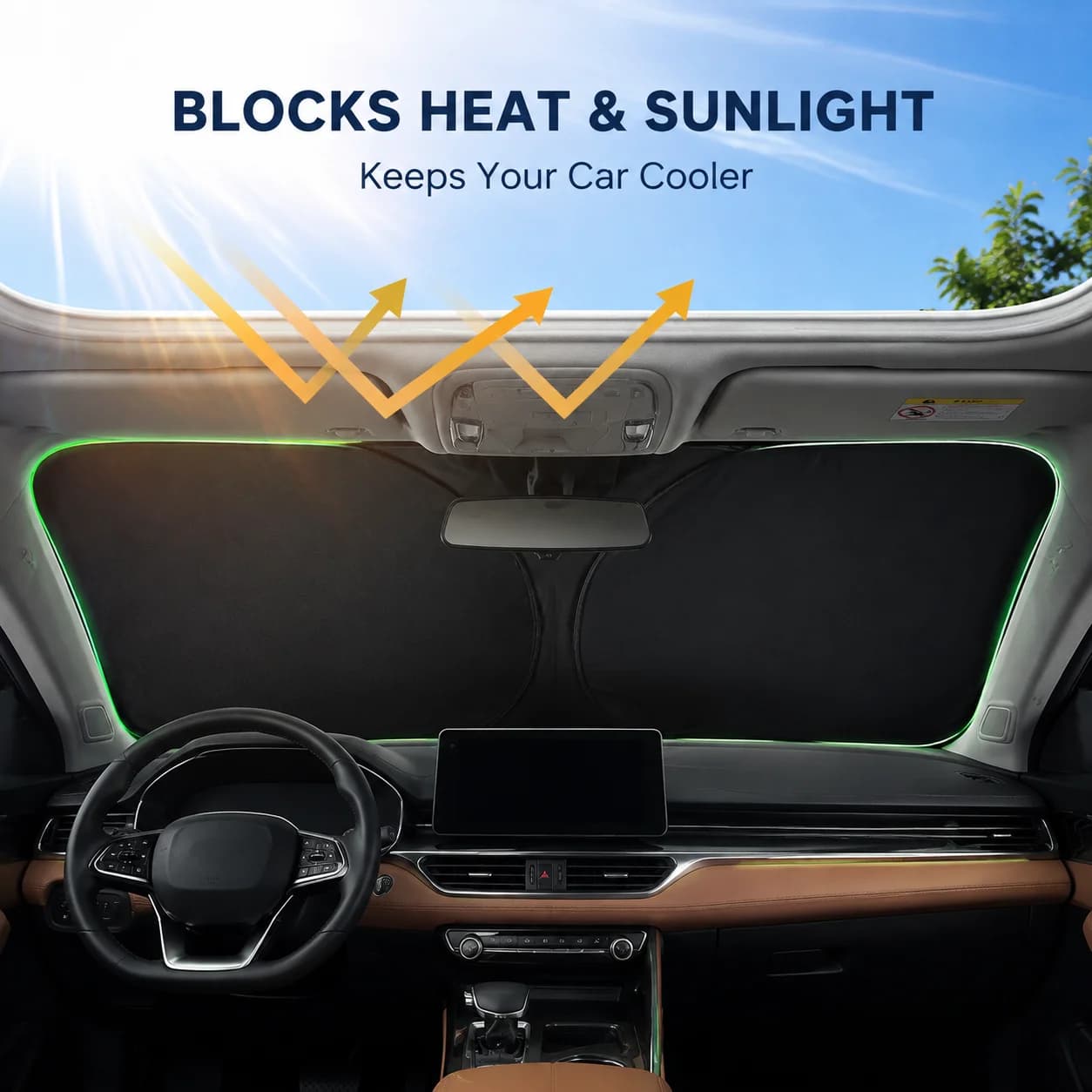 Kcimo 1Pc Car Windshield Sun Shade, Foldable Auto Front Window Sun Visor, UV Heat Protection, Keep Car Interior Cool