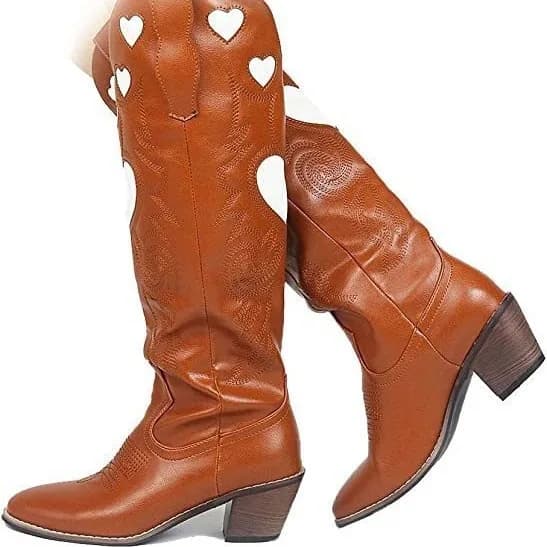 Stivali alti al ginocchio da donna con tacco grosso e cuore d'amore alla moda Stivali western slip-on ricamati