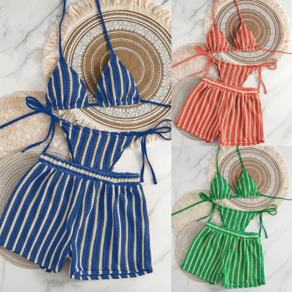 Set Bikini 3 Pezzi da Donna Bohemia, Costume da Bagno Sexy a Righe Lavorato a Maglia, Costume Estivo con Pantaloncini, Abbigliamento da Spiaggia