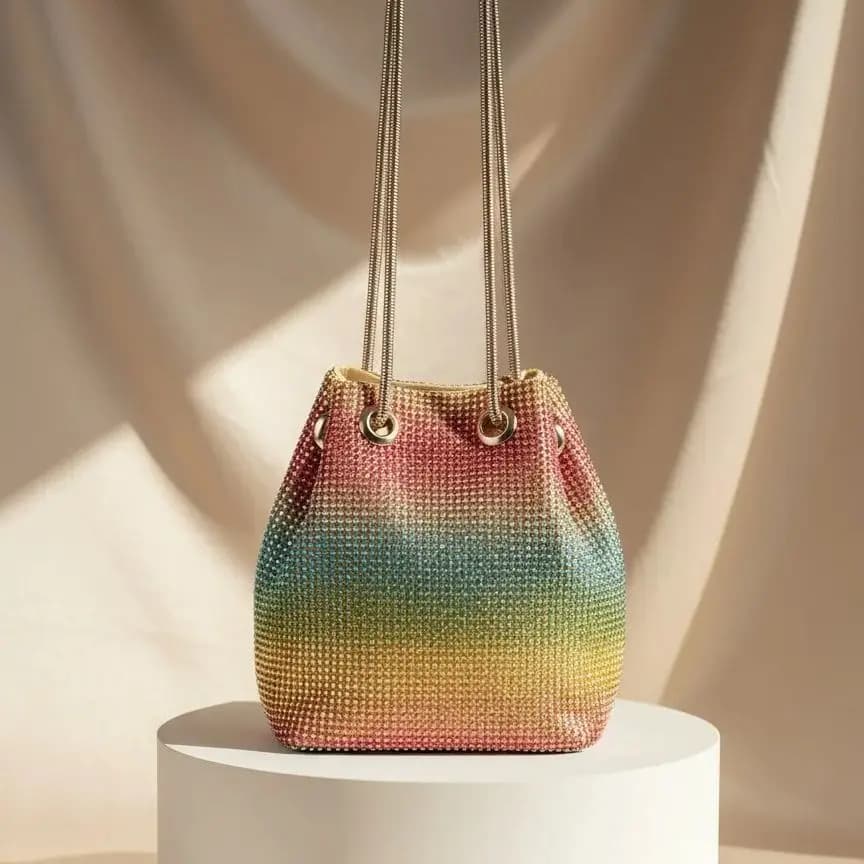 Secchiello Borse da sera moda donna Diamanti Arcobaleno Morbido pochette da giorno Spalla Catena di serpenti Strass Borse da festa Borsa da sposa