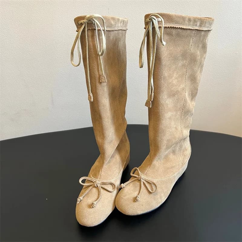 New Fashion Lace Up Knee High Boots Women Design Butterfly Knot Round Toe Flat Heels Autumn Winter Shoes Brown Botas Mujer