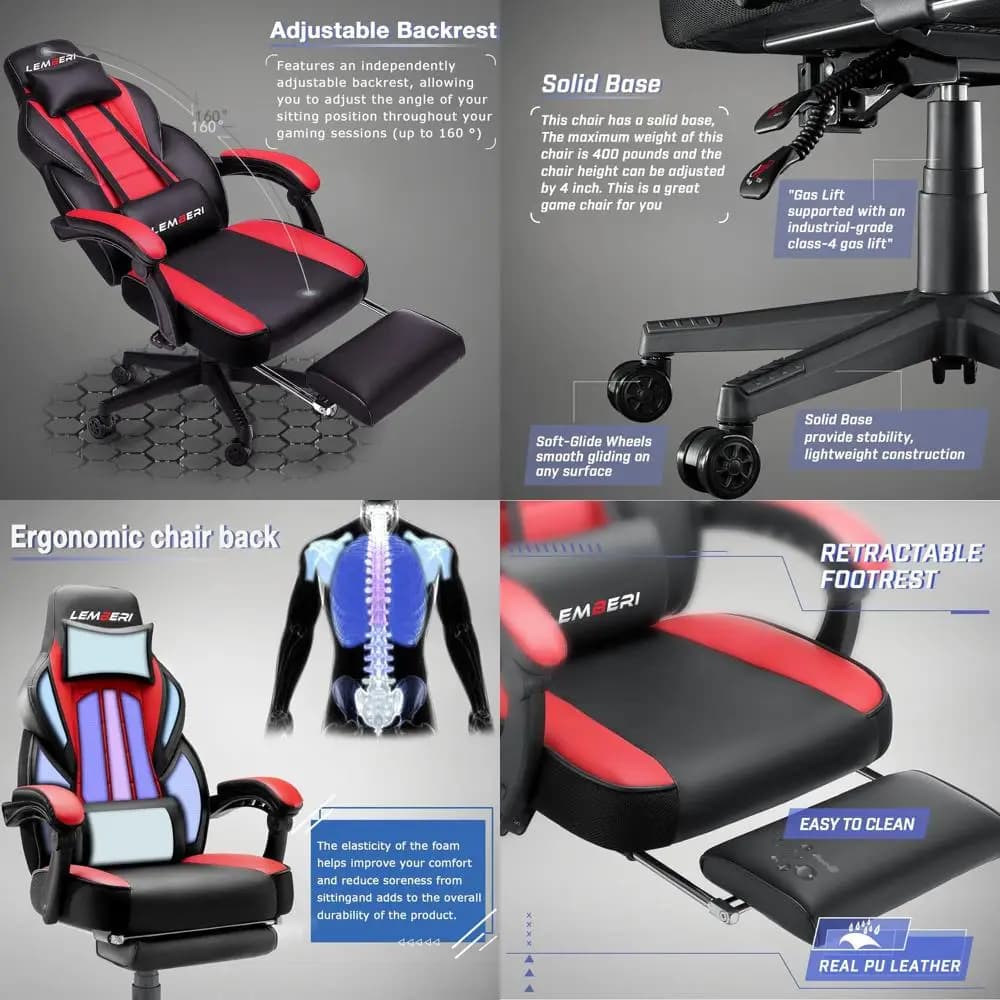 Sedia da gaming resistente da 400 libbre con poggiapiedi rinforzato, sedile ampio, schienale alto, braccioli collegati, telaio in acciaio ispessito, pelle PU