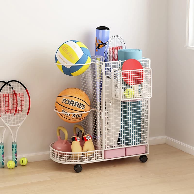 Mobile storage basket for sports and fitness equipment, yoga mats, handlebars and gymnastics balloons