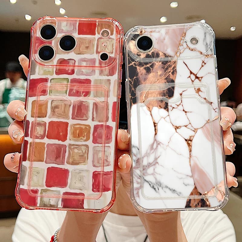 Grid Marble Case For iPhone 17 Pro Max Luxury Card Slot Back Clear TPU Soft Cover For iPhone 16 15 14 13 Pro Max 11 16e 17e