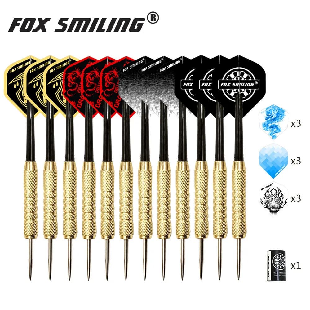 Fox Smiling 12PCS Dardos 18g Punta in acciaio Freccette professionali con albero in nylon di alluminio con 9 voli 1PCS temperamatite