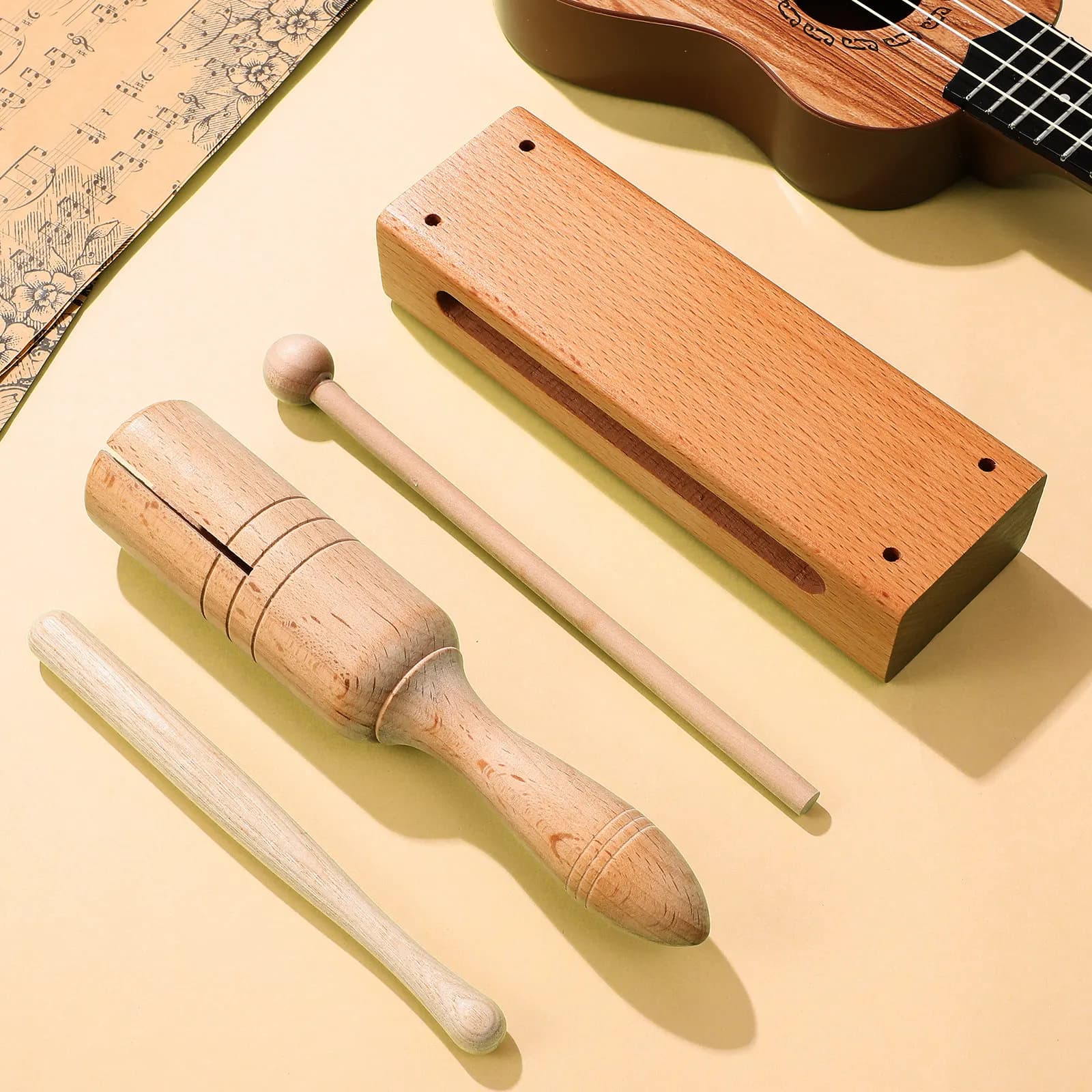 2Sets Wooden Percussion Instruments Set Single Tone Wood Block Handheld with Mallets for Kids Music Education