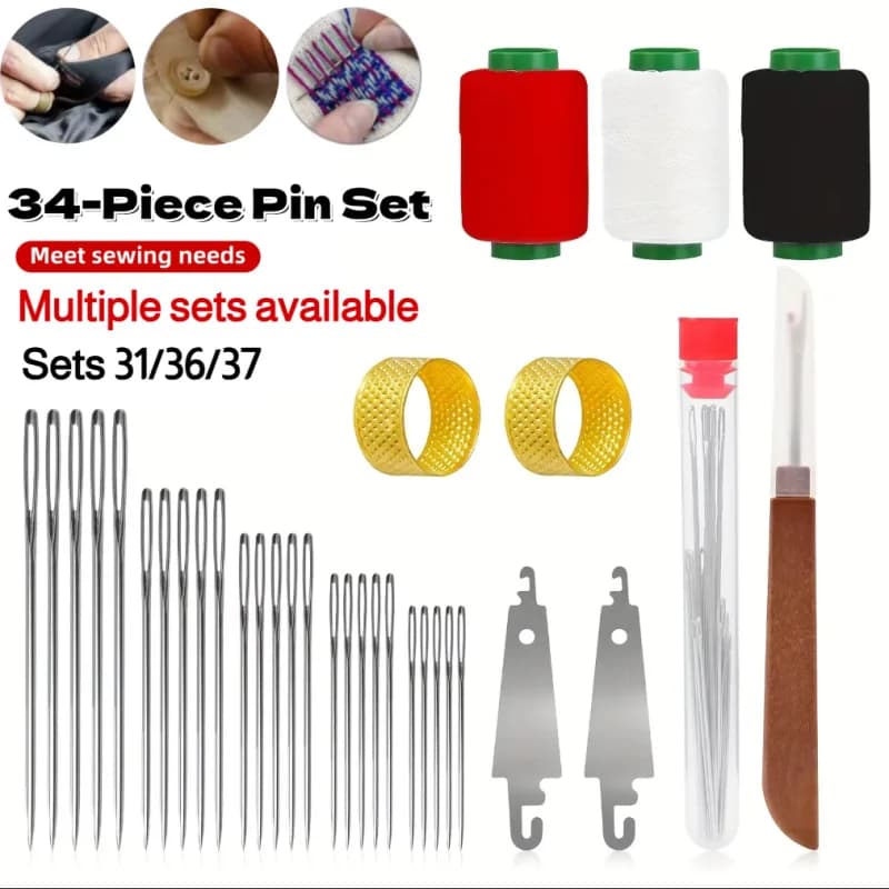 Set di 31/34/36/37 Pezzi per Cucito a Mano, Aghi in Acciaio a Occhio Largo con Infilatori, Strumenti Pratici Diversi per Cucito Domestico, Fai-da-Te