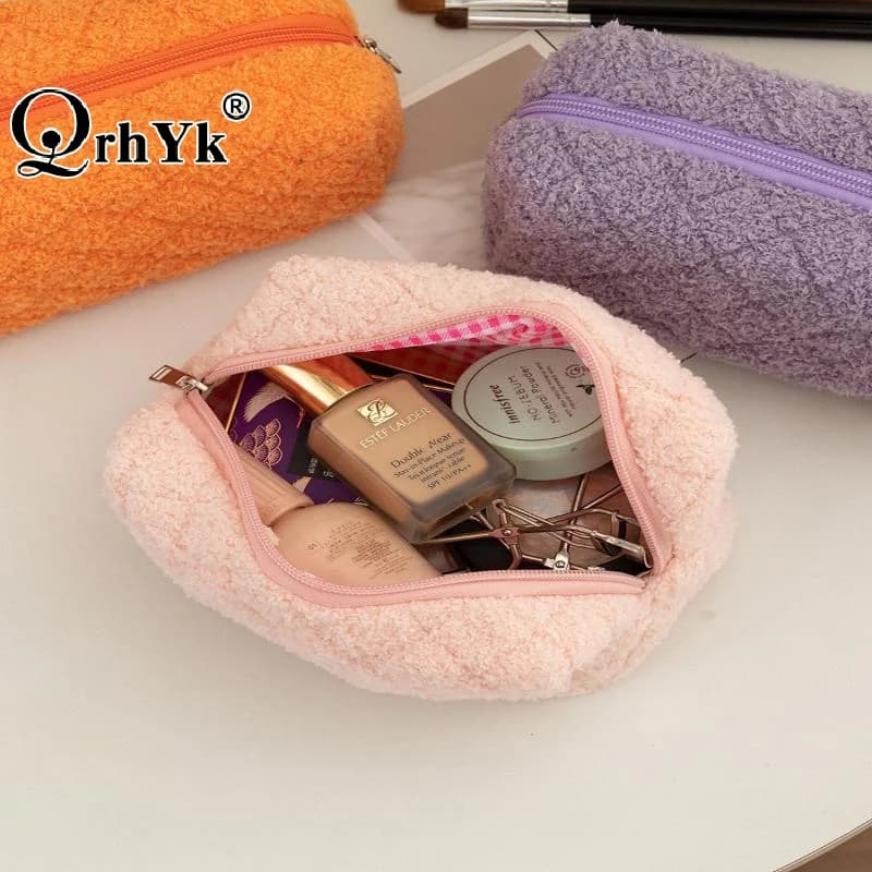 Handle-Included Soft Plush Makeup Bag; Cute Love Print; Portable Travel Cosmetic Storage, Pencil Case & Clutch Organizer Pouch.