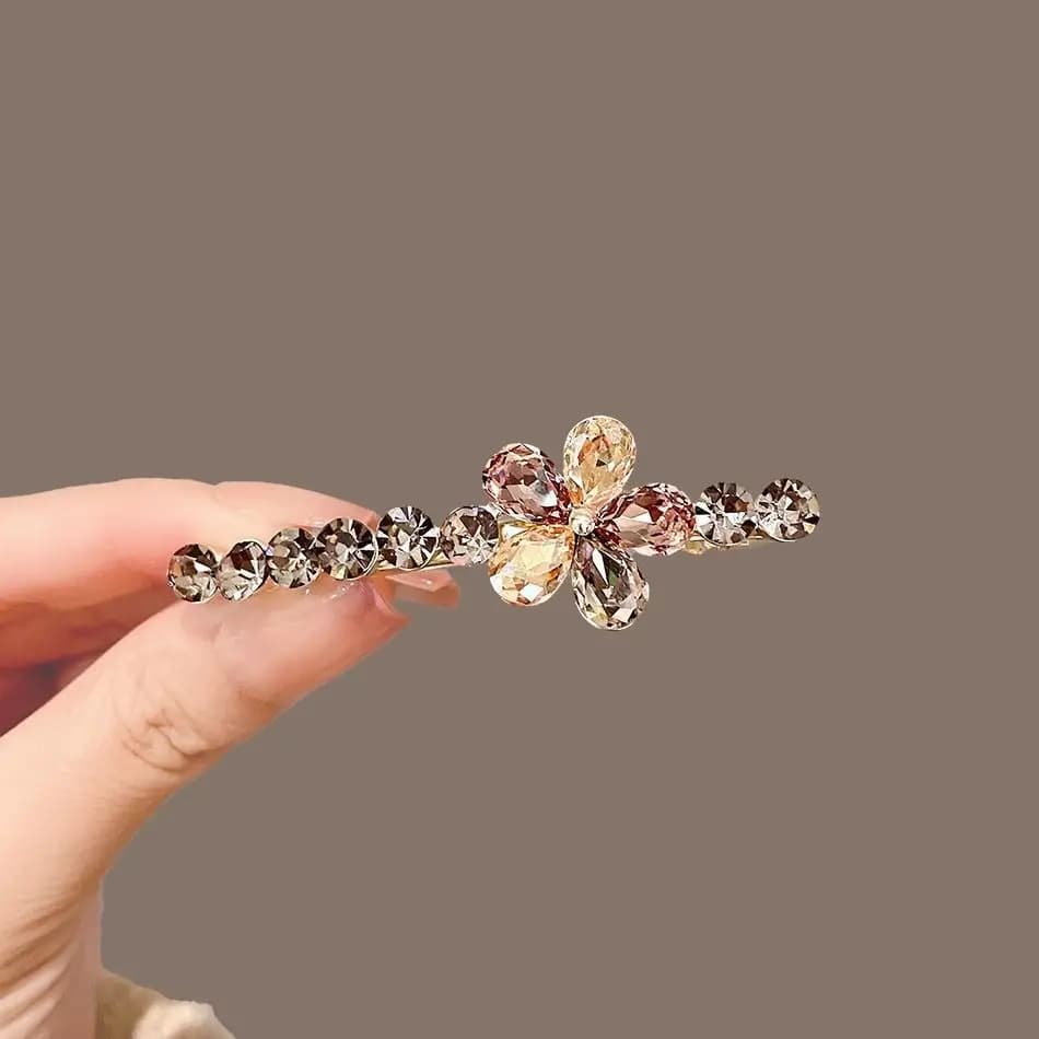 Fermaglio per capelli di lusso con fiore di cristallo, fermacoda elegante, barretta per l'attaccatura posteriore, fermaglio corto per coda di cavallo con cristalli, accessori eleganti per capelli