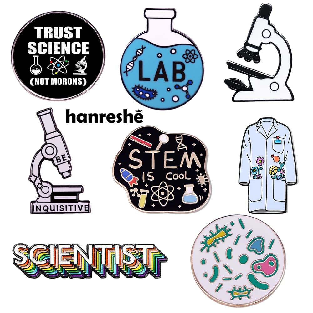 Hanreshe Science Lab Spille Set Boccetta per microscopio Spille per scienziati Zaino divertente all'ingrosso Distintivi per borse da bavero Regali di gioielli