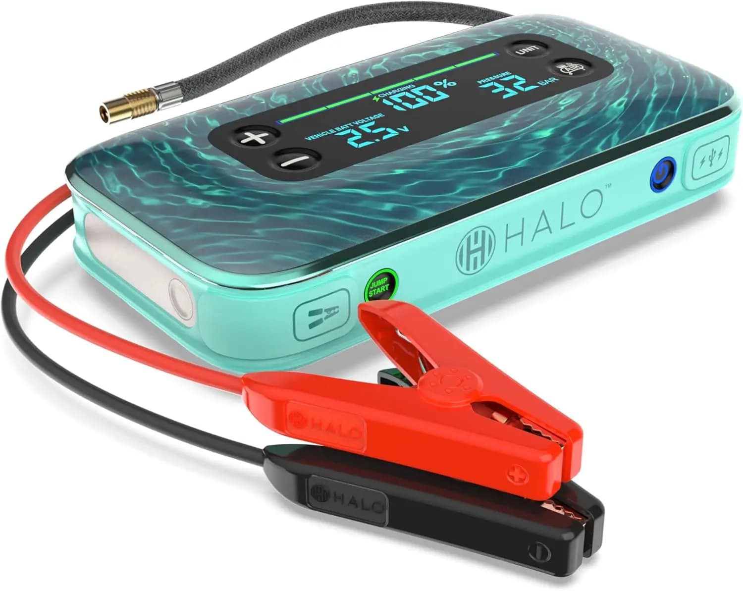 Avviatore di Emergenza Portatile per Auto con Compressore d'Aria, Power Bank USB, Ampio Display e Luce di Emergenza - Teal