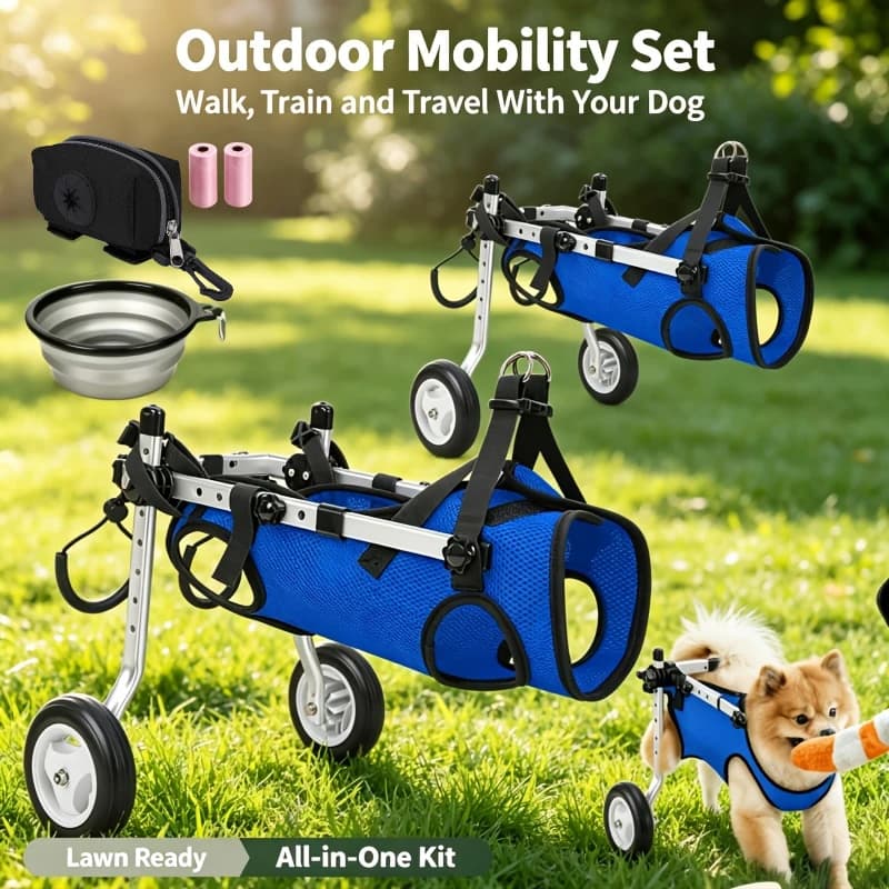 Dog Stroller Set, Trash Bags/Garbage Bags/Water Bowl, Pet Hind Leg Rehabilitation Assistance Harness and Traction Set, Mobility Aid Wheelchair for Disabled Hind Leg Pets with Traction Rope, Water Bowl and Trash Bag Combo, Total Length of Traction Rope 96.8inch Cm, Suitable for Small Pets Weighing 1-8kg, Suitable for Small Cats and Dogs Such as Cats and Teddy Dogs, for Use by Pets with Hind Limb Disability, Elderly Paralysis, or Post-Surgery Recovery
