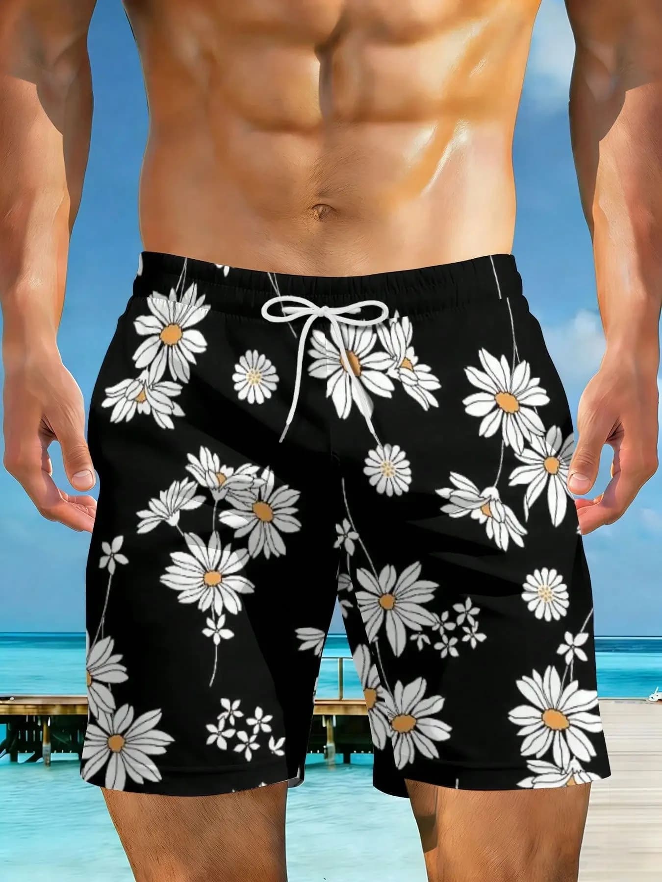 2026 Summer New Styles Daisy Flowers On Black Background Plus Size Men's Fashion Casual Beach Shorts Suitable For Summer Outings And Beach Vacations Surfing And Relaxing Activities