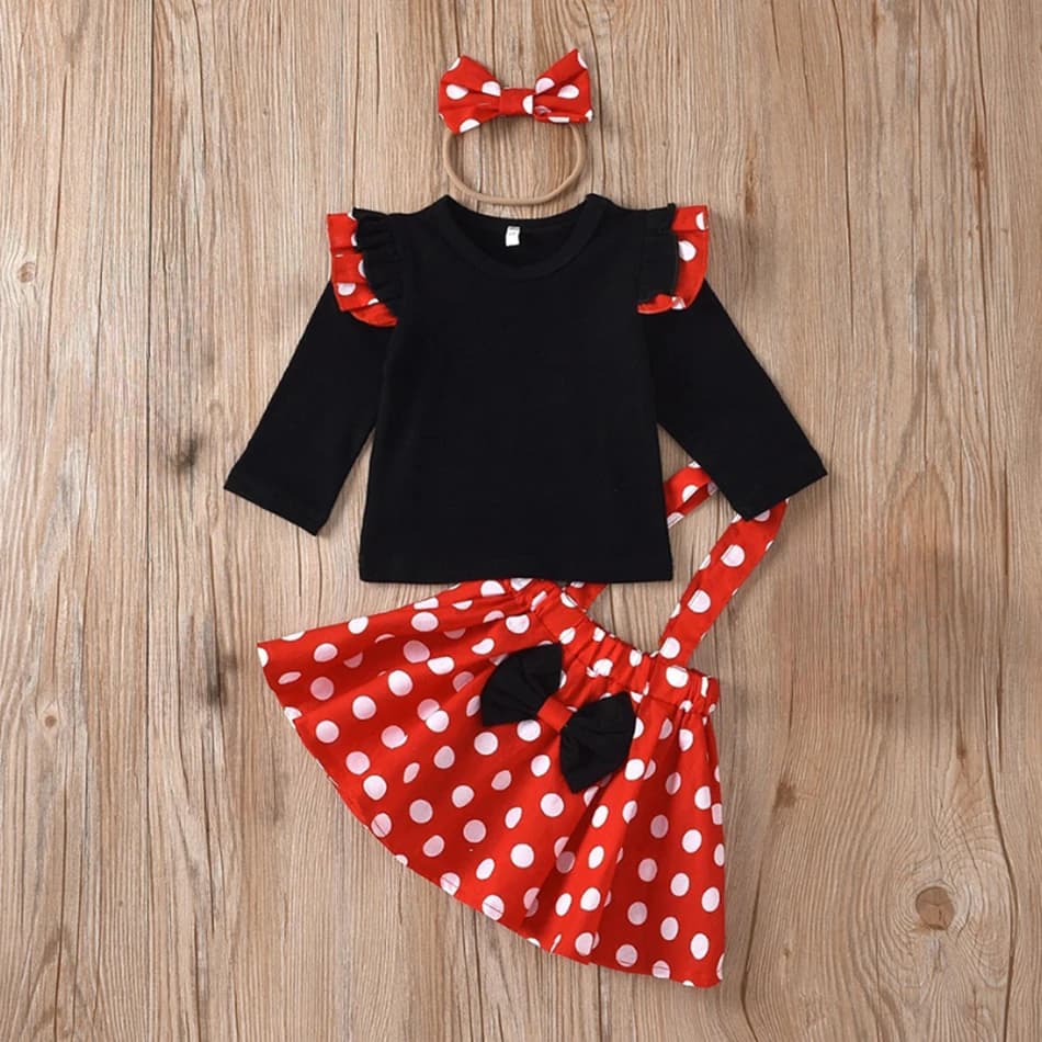 2024 vestito da ragazza con fascia Set di abbigliamento per bambini puntini per bambini top e gonna Cosplay bambini nero rosso vestito Minnie Bowknot Costume
