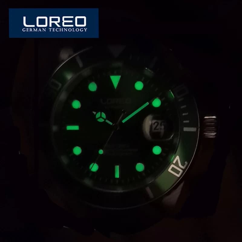 LOREO 20ATM Men's Watch Automatic Waterproof Sport Luminous Diving Date Mechanical Watches Cage Movement Reloj Hombre