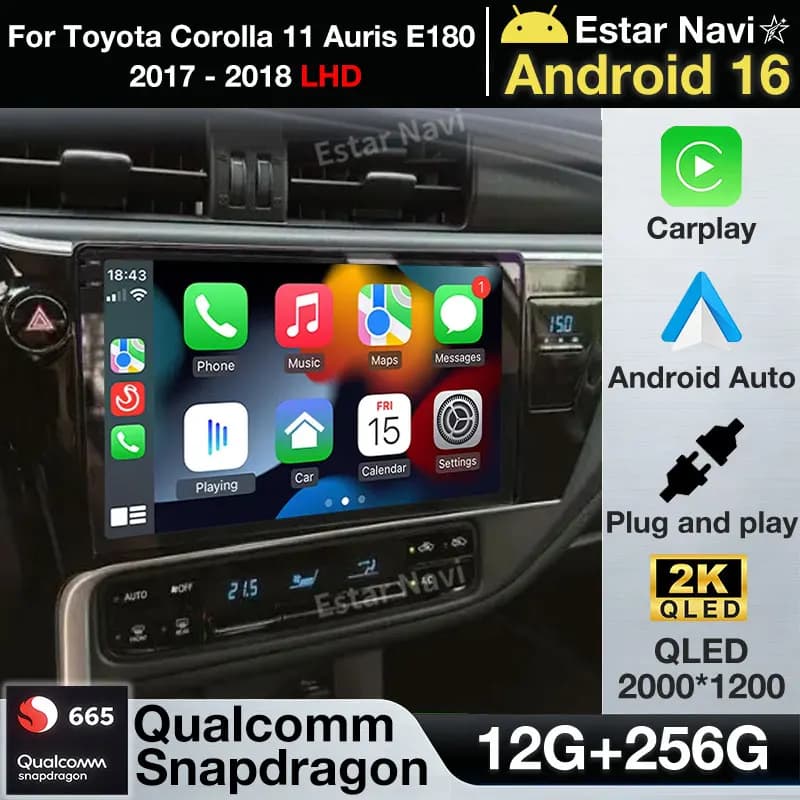 Android 16 Wireless Carplay per Toyota Corolla 11 Auris E180 2017 2018 LHD Stereo Multimedia RDS Autoradio GPS Auto Wifi BT QLED
