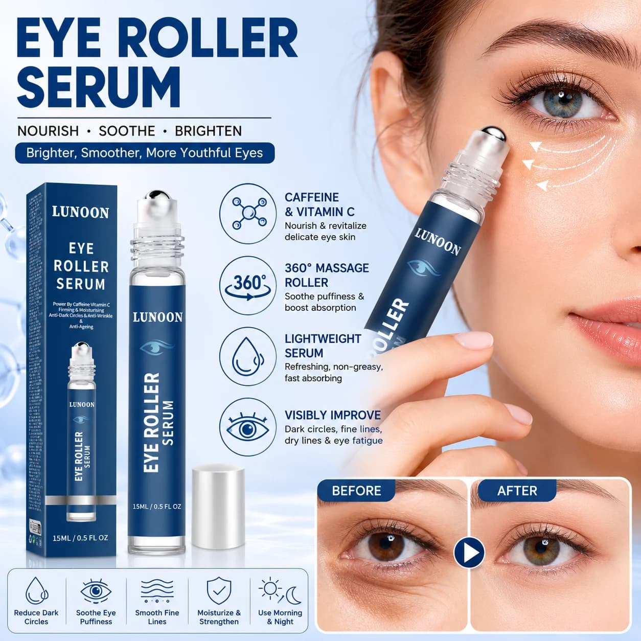 15ml LUNOON Caffeine Eye Roller Serum Vitamin C Hydrating Reduce Eye Puffiness Fine Lines Portable Under Eye Care