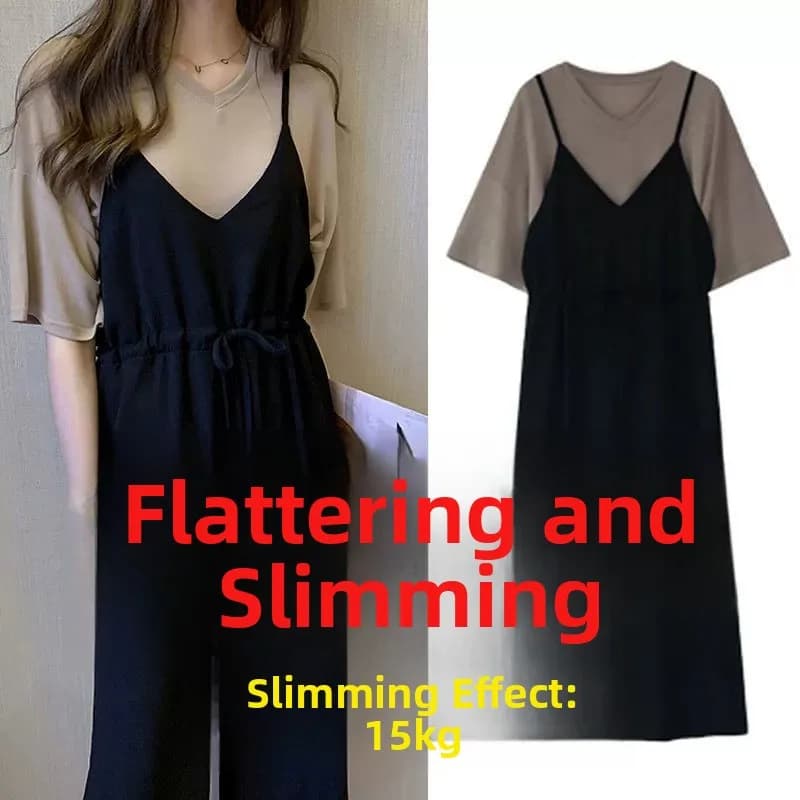 Summer suit for women strong sizes: wide leg trousers, casual t-shirts and Korean style salopettes