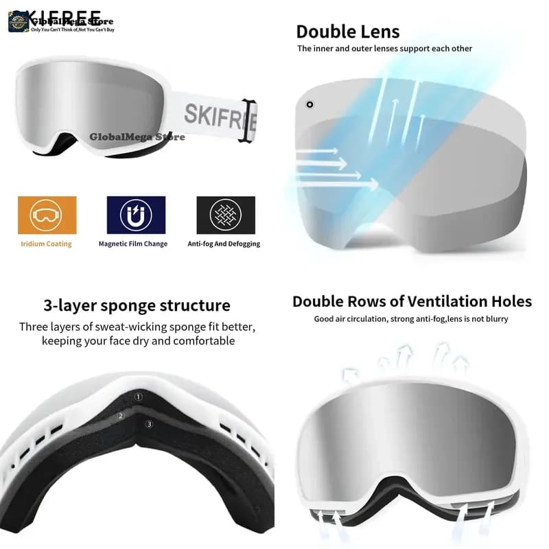 SKIFREE R1 Ski Goggles Asian Fit Anti-Fog HD Lens Magnetic OTG Snowboard Glasses for Men Women Rental Use
