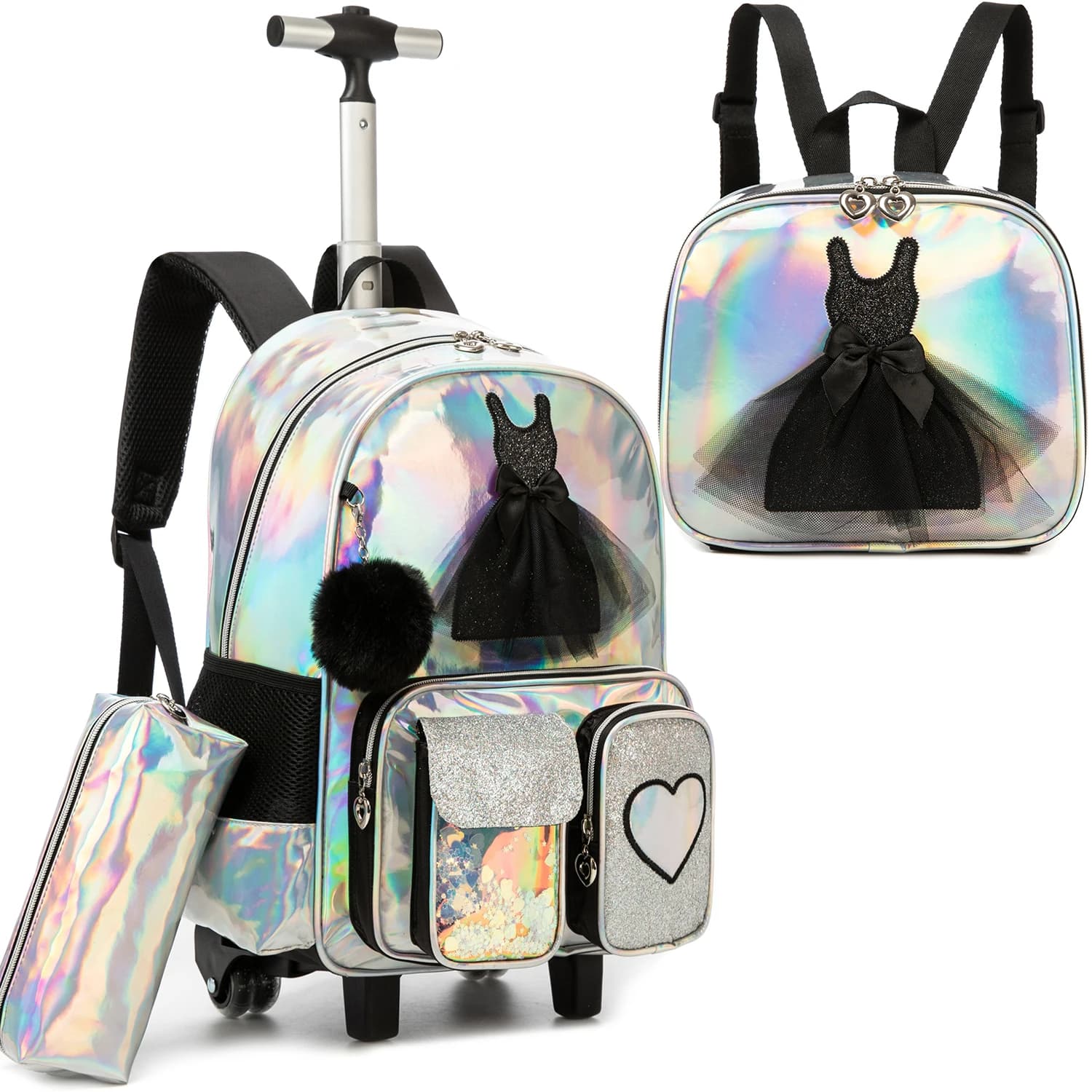Rolling Backpack for Girls Backpack with Wheels for Elementary Student Kids Carry on Bag with Lunch Box Pencil Case for Girls