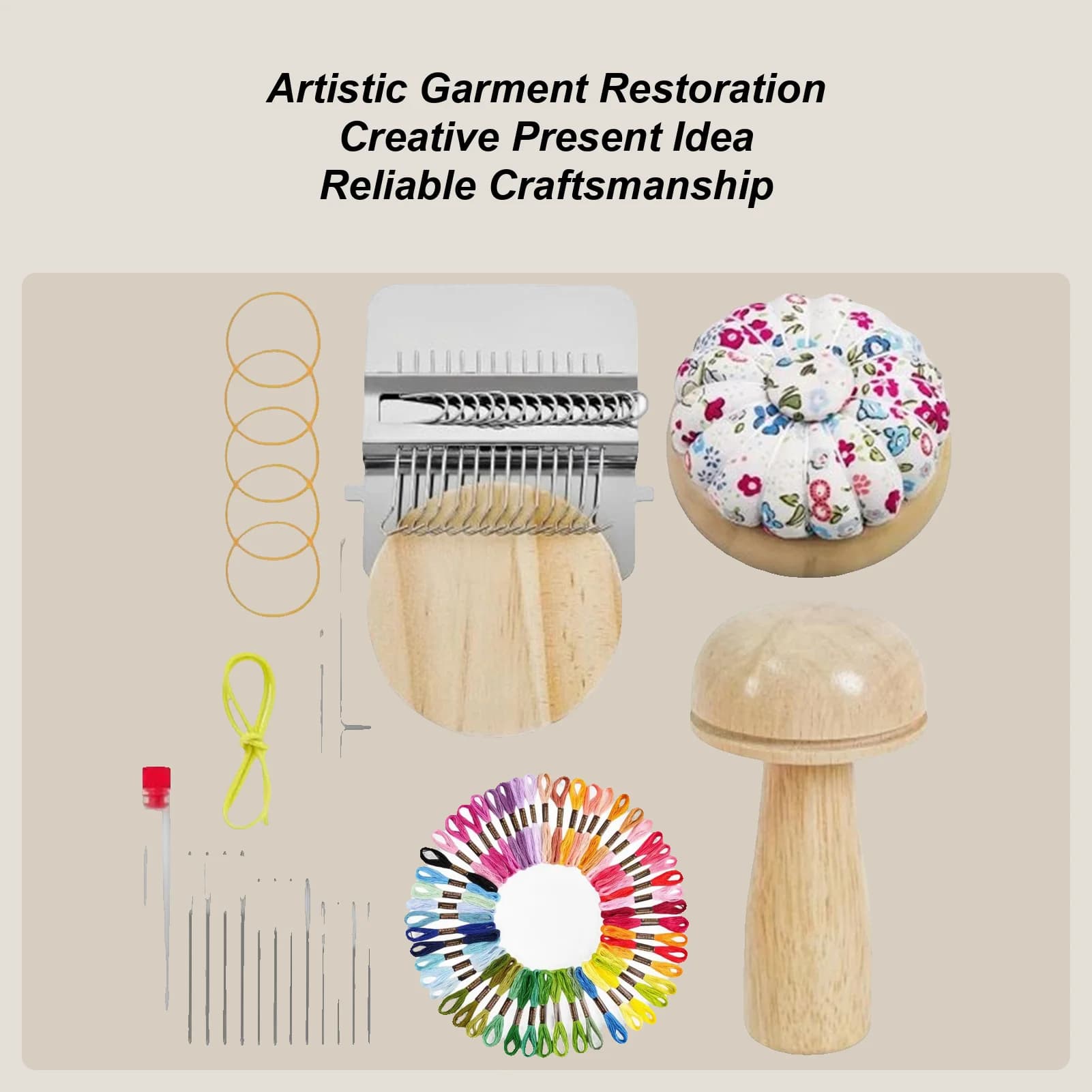 Mini kit per rammendare toppe lavorate a maglia a forma di fungo Strumento per tessitura con 14 ganci 14 aghi 50 colori di kit per rammendare toppe per filo