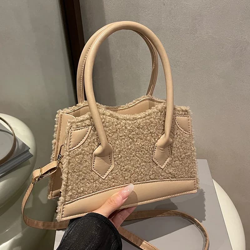 Dolce vento capelli splicing 2025 autunno inverno peluche nuova moda portatile spalla singola spalla incrociata piccola borsa quadrata per le donne