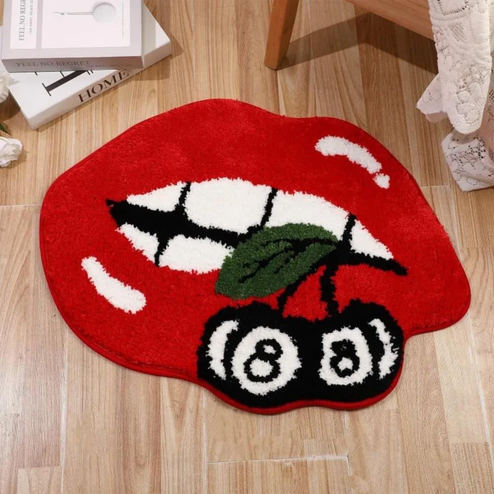 VIKAMA Tappeto con design labbra rosse e ciliegie, decorazione per la casa, antiscivolo e resistente allo sporco, per ingressi e bagni, tappetino morbido e assorbente