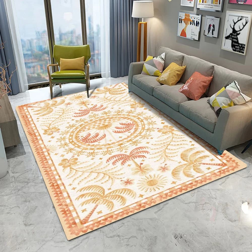 Warm Orange Palm Tree Sun Retro Tropical Area Rug Washable Boho Floor Mat Coconut Tree Carpet For Living Room Home Decor