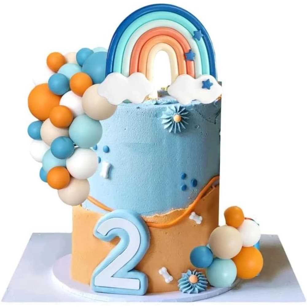 Topper per torta arcobaleno blu vibrante con palline bianche arancioni - Forniture per decorazioni per feste di compleanno per cani e baby shower