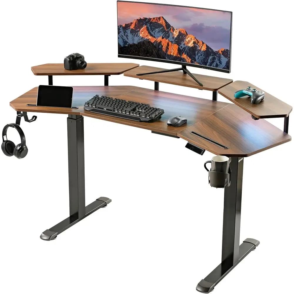 Scrivania da Gaming Elettrica a Doppio Motore con Altezza Regolabile, 63 Pollici a Forma di Ala con Supporti LED e Tappetino per Mouse, Finitura Noce