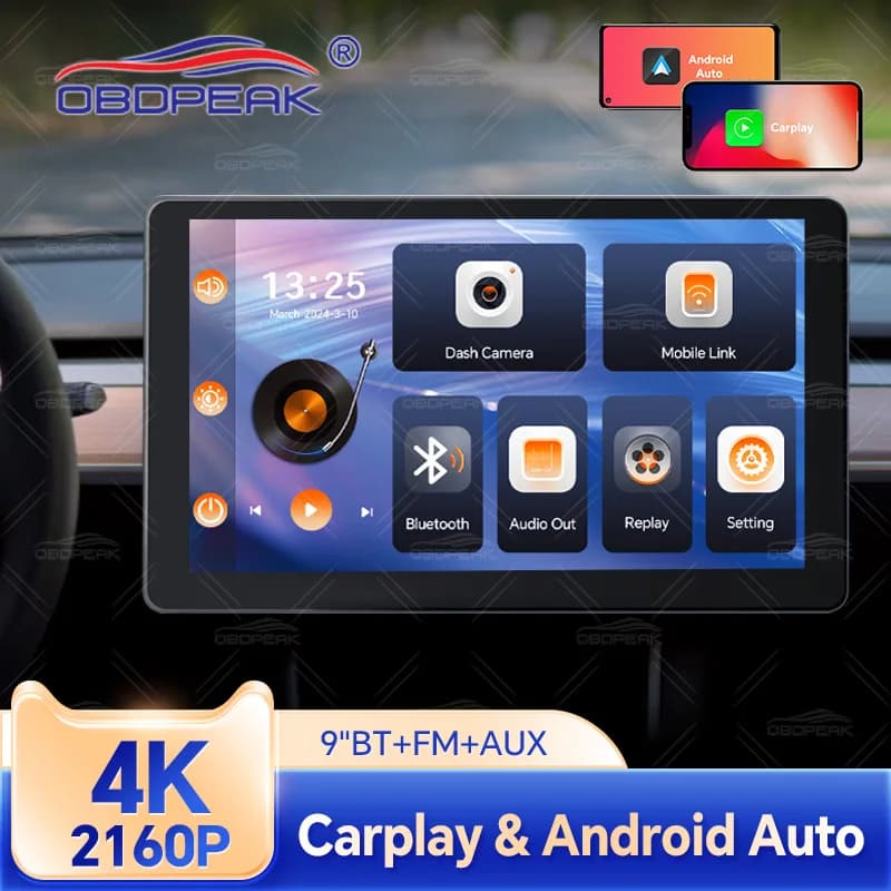 OBDPEAK 9 pollici 4K Carplay e Android Auto Car DVR WiFi Bluetooth AUX FM Dash Cam navigazione GPS 24h Park Monitor videoregistratore