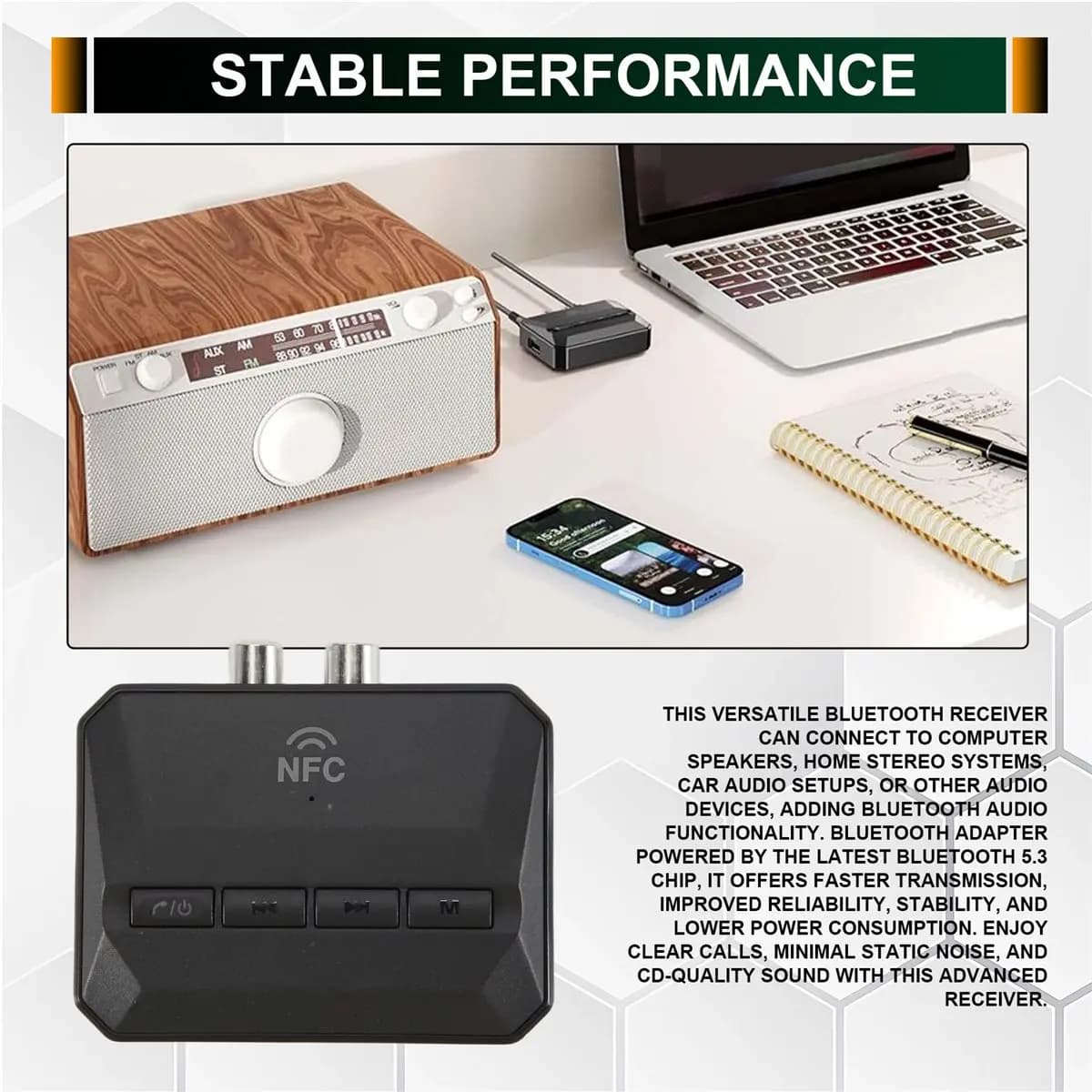 DT1264~NFC Bluetooth Receiver, Bluetooth 5.3 AUX Adapter for Car, Wireless Audio Receiver for Home Stereo/Speaker/Music