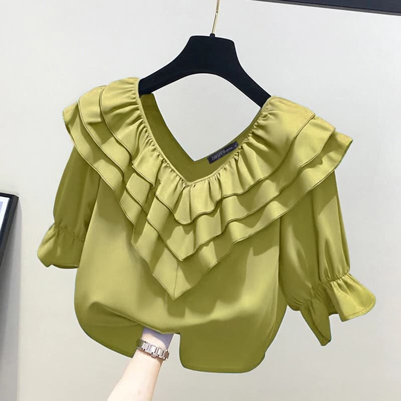 ZANZEA 2026 Camicetta con volant estiva Donna Solid Vintage Manica 3/4 con scollo a V Chemise Camicie in chiffon da ufficio Casual Allentato Top alla moda