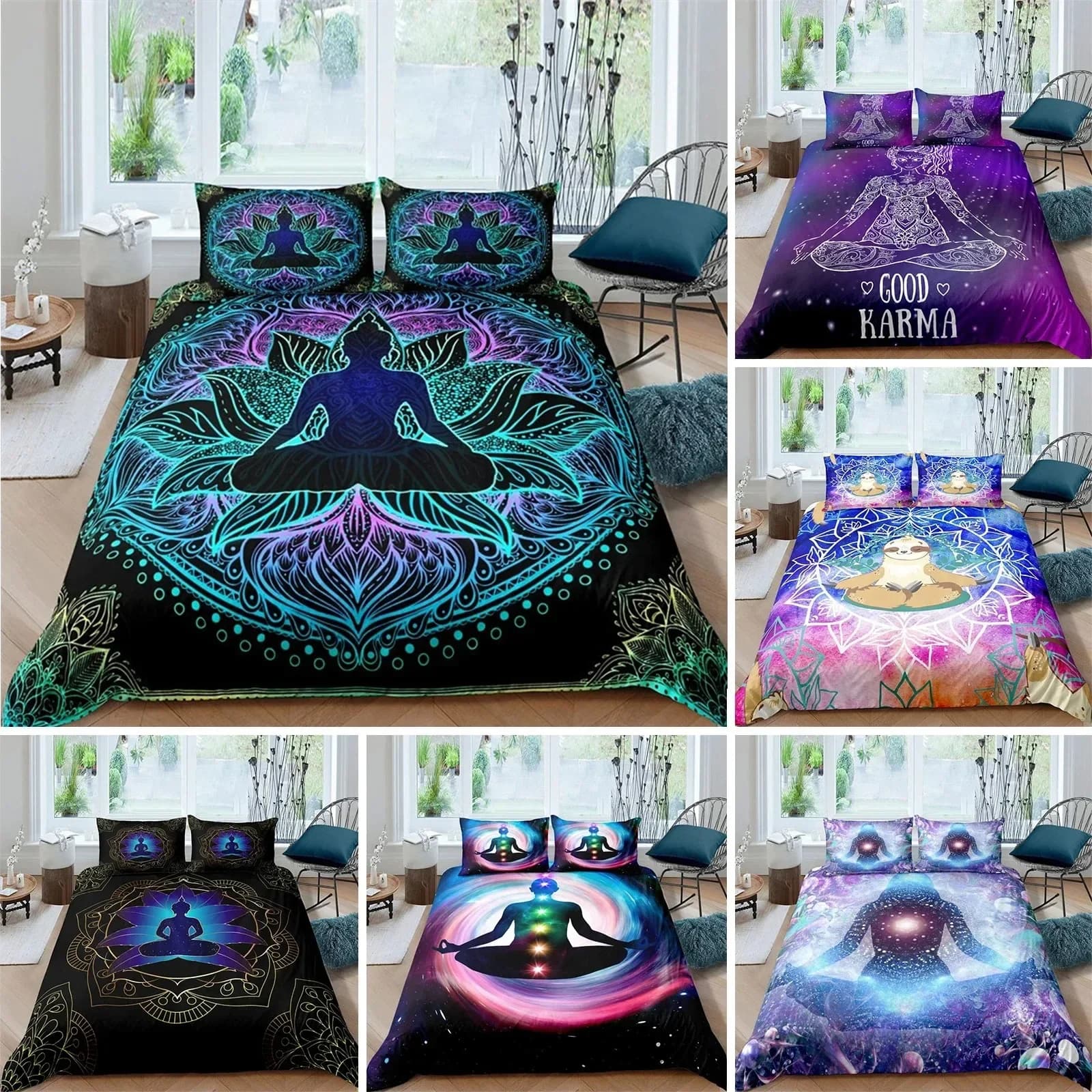 Set Copripiumino Bohemien per Meditazione Chakra, Tema Relax Yoga, Copripiumino Esotico Mandala Loto, Decorazione Camera da Letto Matrimoniale/King Size