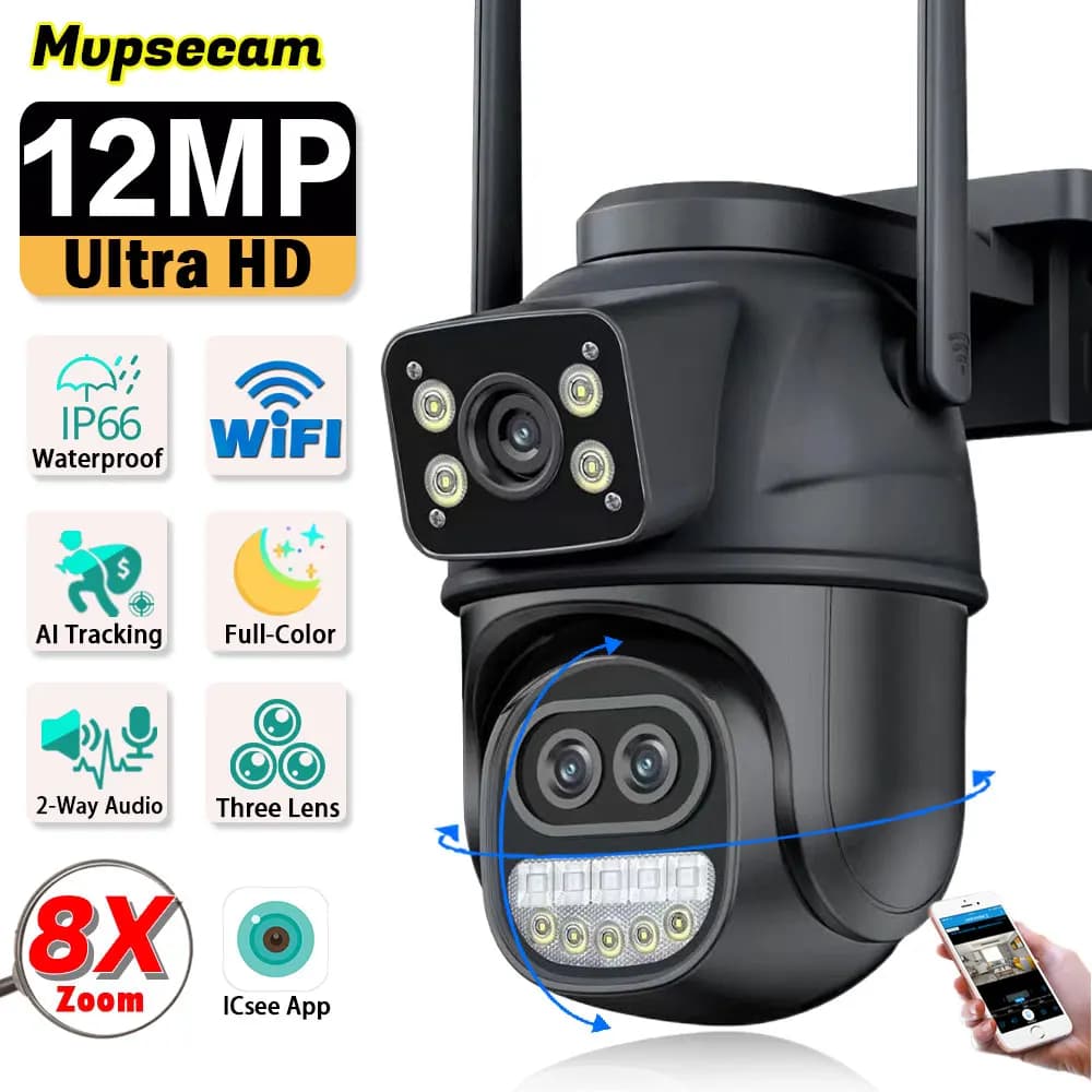 ICSEE Smart WIFI security camera 12MP 8K three goals 8X Zoom HD video surveillance cameras for outdoor IPTV CCTV PTZ Auto Tracking