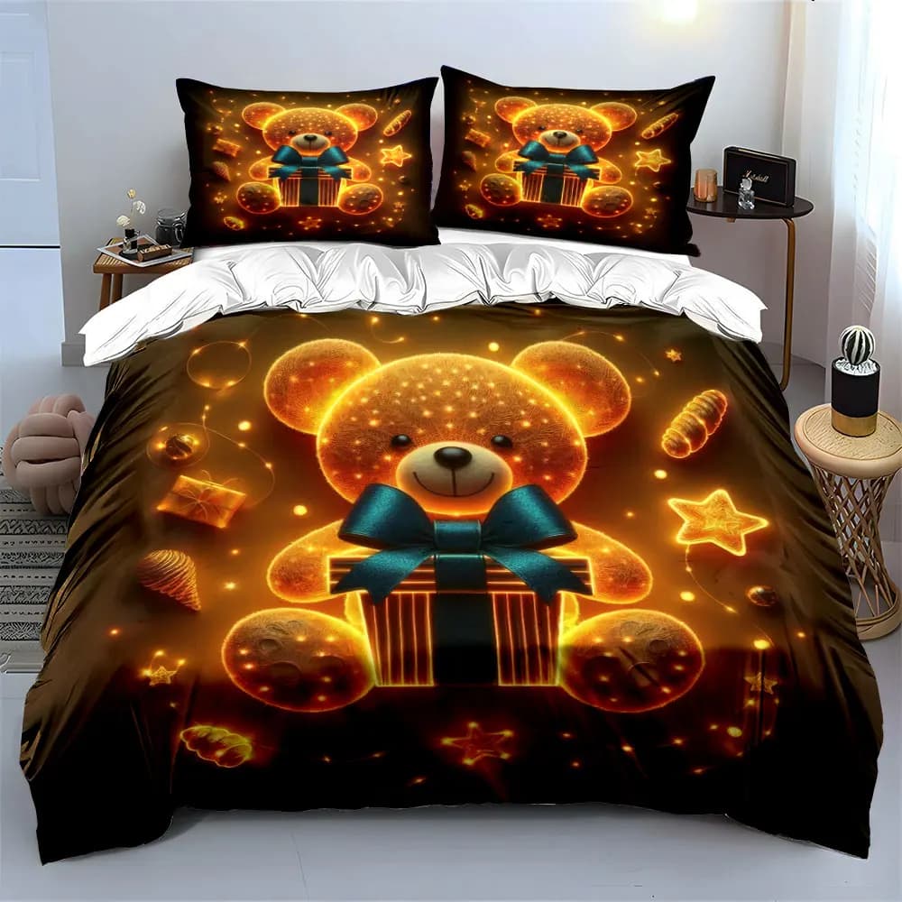 Glowing teddy bear with a blue bow gift box Print Duvet Cover Bedding Set Included 1*Duvet Cover 2*Pillowcases