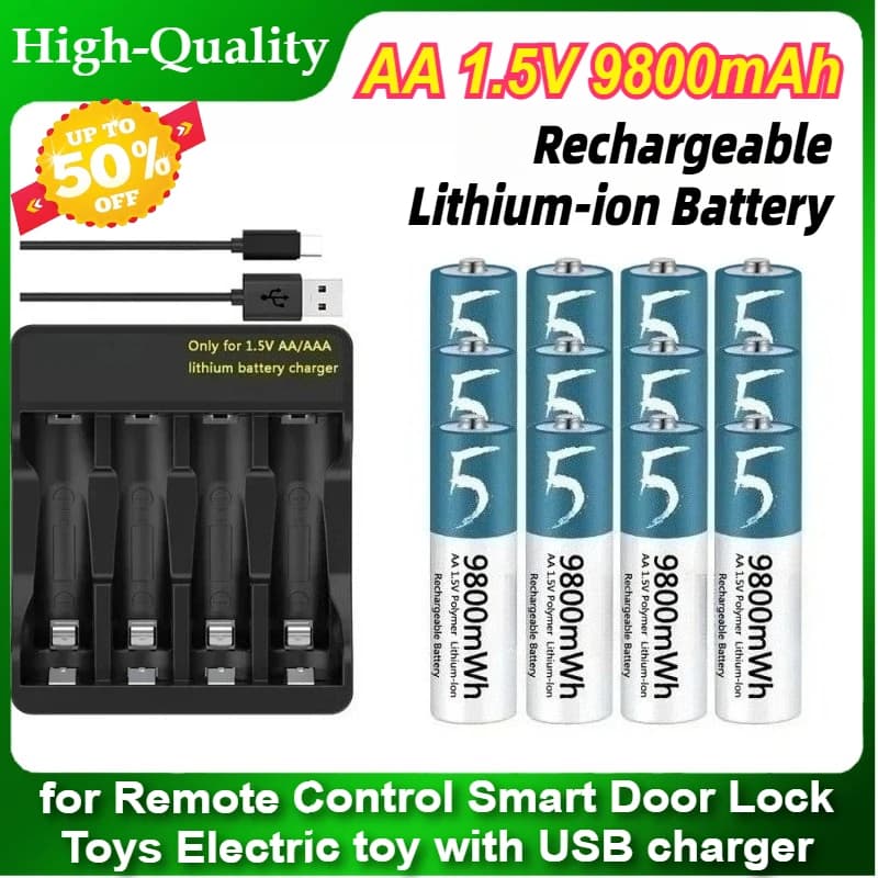 Batteria AA 1.5V Ricaricabile agli Ioni di Litio per Telecomandi, Serrature Intelligenti, Giocattoli Elettrici con Caricatore USB
