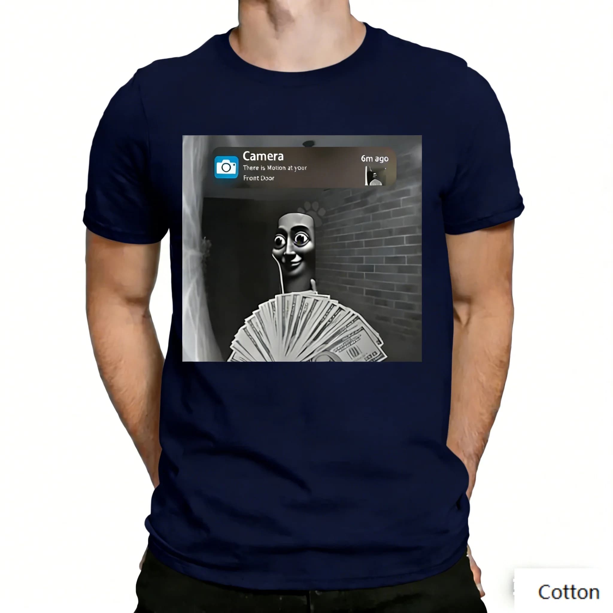 T-shirt divertente con stampa meme della telecamera della porta, in puro cotone, casual, neutra, moda viral di meme su Internet, umoristica, a maniche corte
