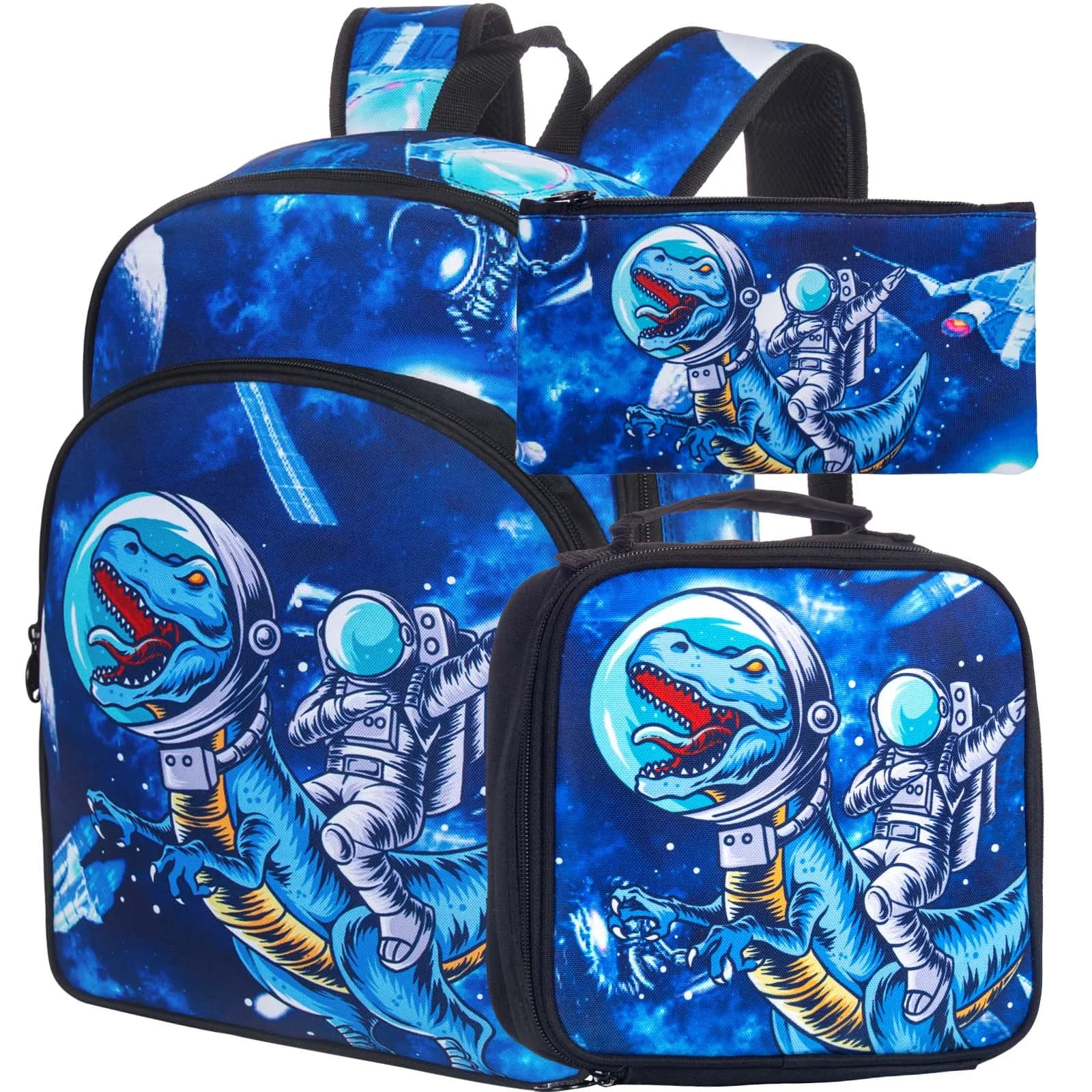 Zaino per bambini con dinosauri, 3 pezzi, per ragazzi, zaino prescolare a tema spaziale con borsa per il pranzo, borsa scolastica da 16 pollici per bambini delle elementari