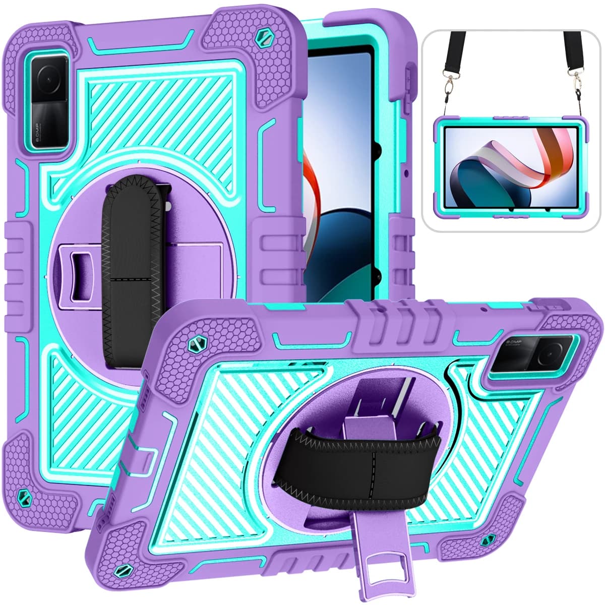 Stand Armor Case For Redmi Pad 2022 10.61" Model 22081283G 360 Rotating Hybrid Cover With Shoulder Strap & Pen Slot Silicone+PC