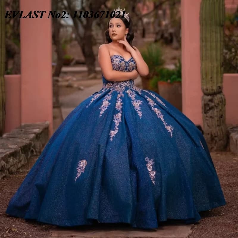 EVLAST Personalizzato Principessa Blu Navy Abito Quinceanera Abito di Sfera Applique di Pizzo Che Borda Arco Dolce 16 Abiti Da 15 Anos E2Q29